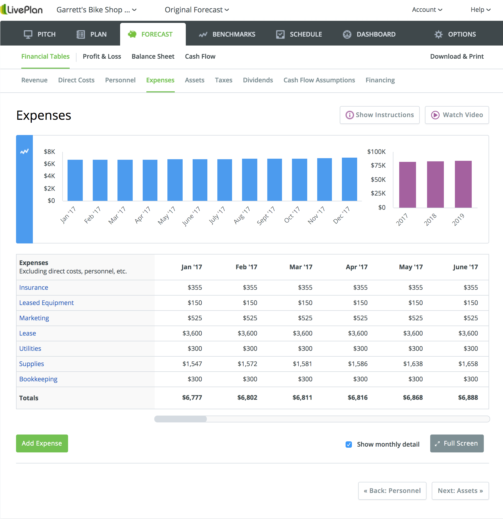 Expenses in LivePlan