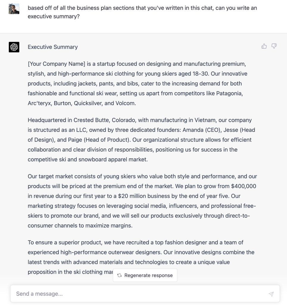 use chatgpt to write business plan